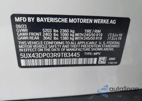 2024 BMW X3 Sdrive30I из США, поврежденный, VIN 5UX43DP03R9T83445